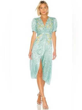 SALONI Lea Silk blue/Mint V-Neck Midi Dress with Yellow Floral Embroidery size10